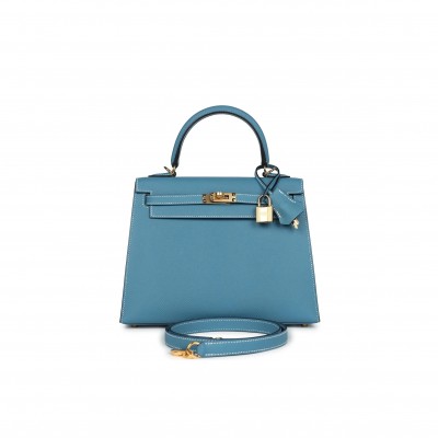 HERMÈS KELLY SELLIER 25 BLUE JEAN EPSOM GOLD HARDWARE (25*17*7cm) 